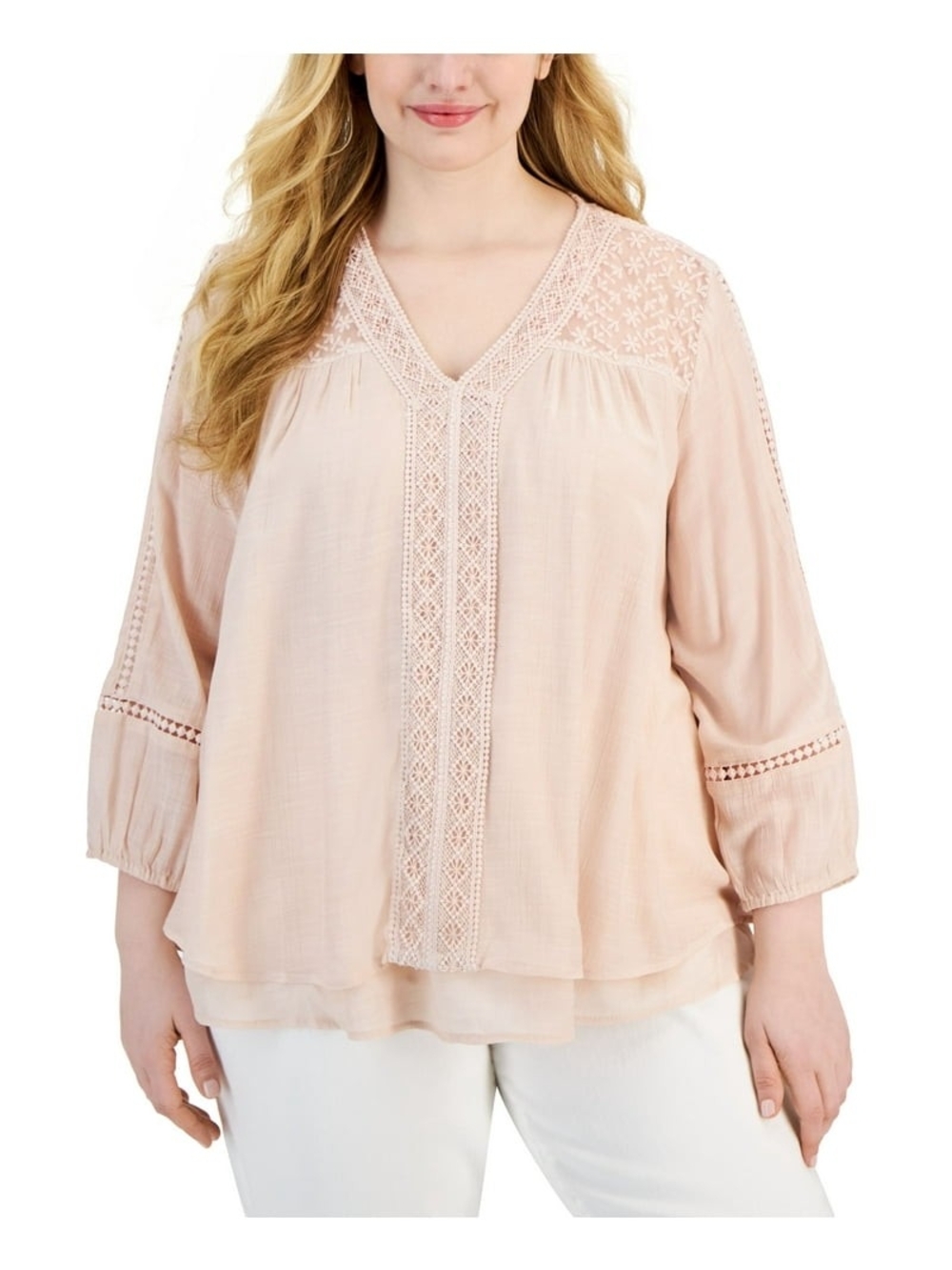 Style & Co. Blush Lace-Trim V-Neck Peasant Blouse
